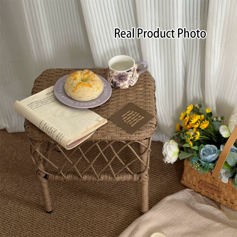 Traditional Rustic PE Rattan Weaving Galvanized Steel Grid Rectangular Breathable Low Stool Backless Armless For Living Room