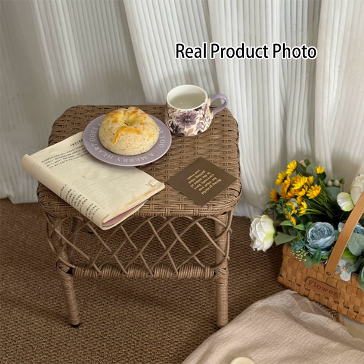 Traditional Rustic PE Rattan Weaving Galvanized Steel Grid Rectangular Breathable Low Stool Backless Armless For Living Room