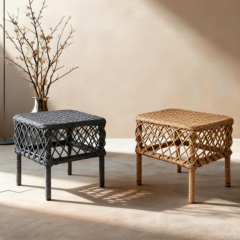 Traditional Rustic PE Rattan Weaving Galvanized Steel Grid Rectangular Breathable Low Stool Backless Armless For Living Room