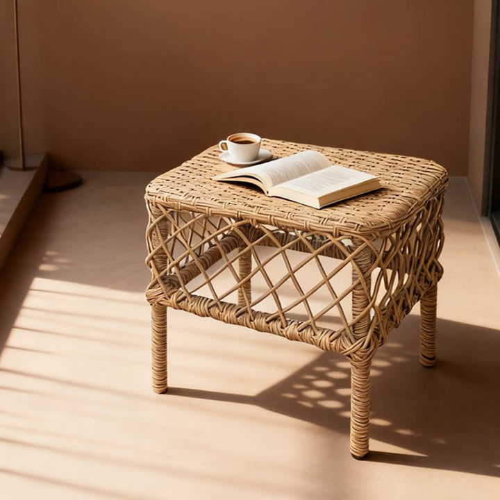 Traditional Rustic PE Rattan Weaving Galvanized Steel Grid Rectangular Breathable Low Stool Backless Armless For Living Room