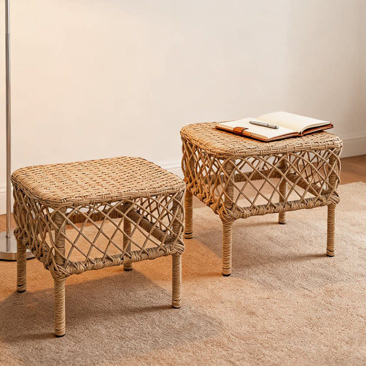 Traditional Rustic PE Rattan Weaving Galvanized Steel Grid Rectangular Breathable Low Stool Backless Armless For Living Room