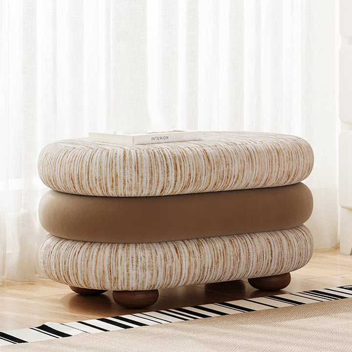 Banc ovale sans dossier ni accoudoirs en bois de pin, en tissu jacquard chenille scandinave contemporain, aspect polaire brossé et mousse, pour entrée et couloir 