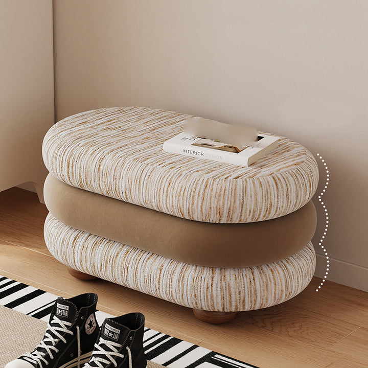 Banc ovale sans dossier ni accoudoirs en bois de pin, en tissu jacquard chenille scandinave contemporain, aspect polaire brossé et mousse, pour entrée et couloir 