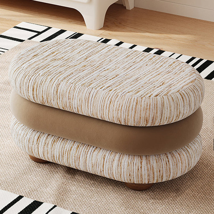 Banc ovale sans dossier ni accoudoirs en bois de pin, en tissu jacquard chenille scandinave contemporain, aspect polaire brossé et mousse, pour entrée et couloir 