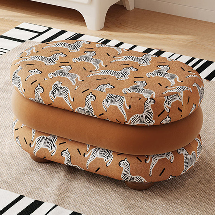 Banc ovale sans dossier ni accoudoirs en bois de pin, en tissu jacquard chenille scandinave contemporain, aspect polaire brossé et mousse, pour entrée et couloir 