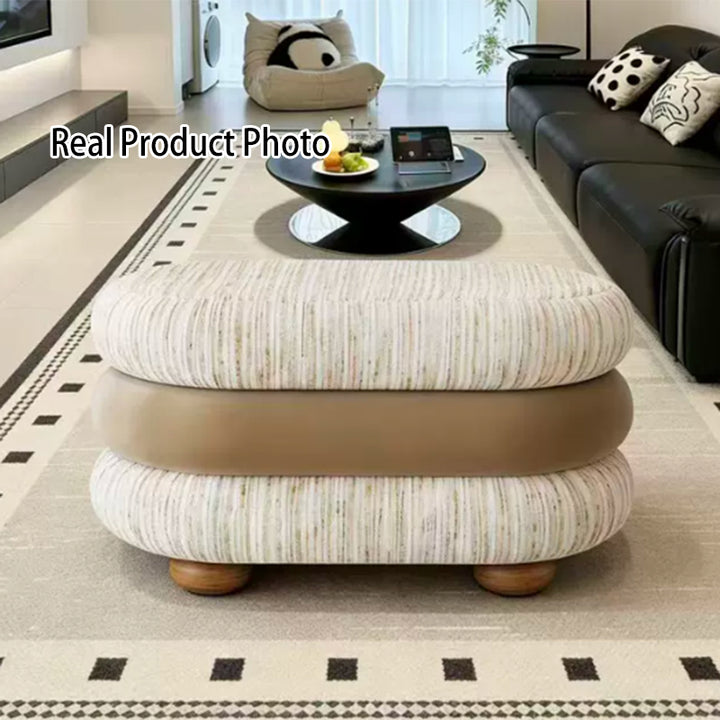 Banc ovale sans dossier ni accoudoirs en bois de pin, en tissu jacquard chenille scandinave contemporain, aspect polaire brossé et mousse, pour entrée et couloir 