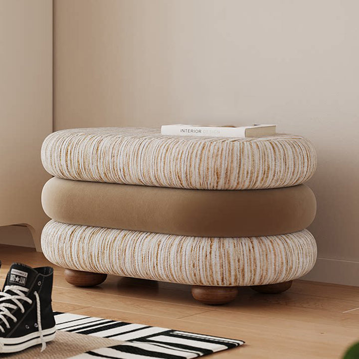 Banc ovale sans dossier ni accoudoirs en bois de pin, en tissu jacquard chenille scandinave contemporain, aspect polaire brossé et mousse, pour entrée et couloir 