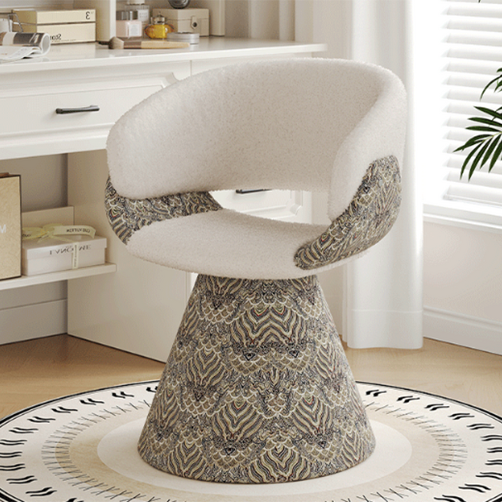 Tabouret de coiffeuse arc rotatif contemporain en bois de pin scandinave, fausse fourrure de lapin, fausse nappa et cuir PU, lin chenille, avec dossier et accoudoirs pour chambre à coucher 
