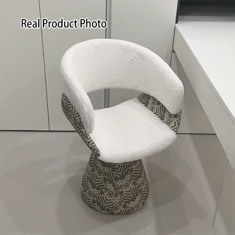 Tabouret de coiffeuse arc rotatif contemporain en bois de pin scandinave, fausse fourrure de lapin, fausse nappa et cuir PU, lin chenille, avec dossier et accoudoirs pour chambre à coucher 