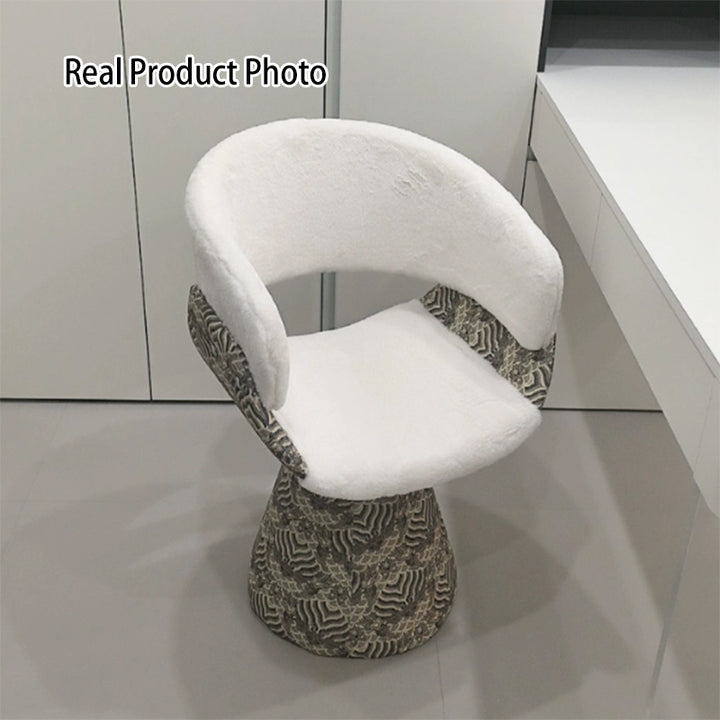 Tabouret de coiffeuse arc rotatif contemporain en bois de pin scandinave, fausse fourrure de lapin, fausse nappa et cuir PU, lin chenille, avec dossier et accoudoirs pour chambre à coucher 