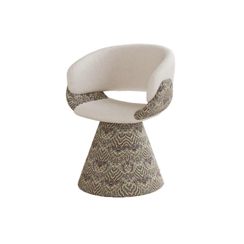 Tabouret de coiffeuse arc rotatif contemporain en bois de pin scandinave, fausse fourrure de lapin, fausse nappa et cuir PU, lin chenille, avec dossier et accoudoirs pour chambre à coucher 