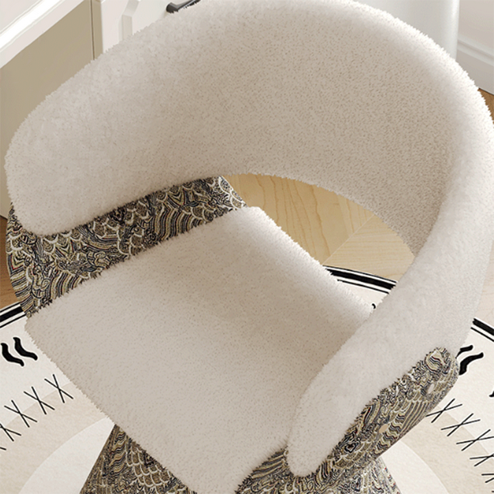 Tabouret de coiffeuse arc rotatif contemporain en bois de pin scandinave, fausse fourrure de lapin, fausse nappa et cuir PU, lin chenille, avec dossier et accoudoirs pour chambre à coucher 