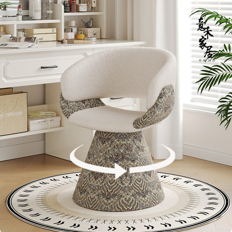 Tabouret de coiffeuse arc rotatif contemporain en bois de pin scandinave, fausse fourrure de lapin, fausse nappa et cuir PU, lin chenille, avec dossier et accoudoirs pour chambre à coucher 