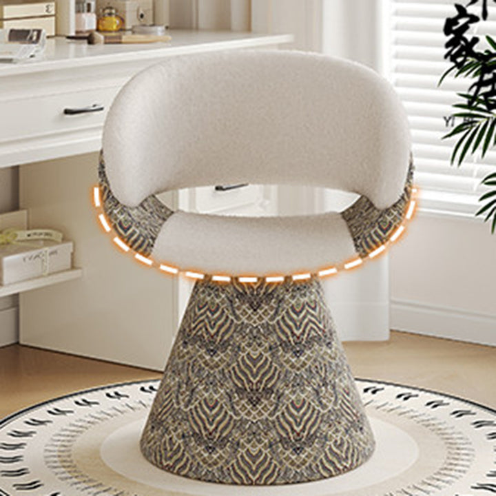 Tabouret de coiffeuse arc rotatif contemporain en bois de pin scandinave, fausse fourrure de lapin, fausse nappa et cuir PU, lin chenille, avec dossier et accoudoirs pour chambre à coucher 