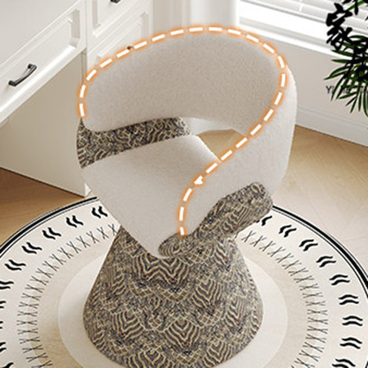 Tabouret de coiffeuse arc rotatif contemporain en bois de pin scandinave, fausse fourrure de lapin, fausse nappa et cuir PU, lin chenille, avec dossier et accoudoirs pour chambre à coucher 