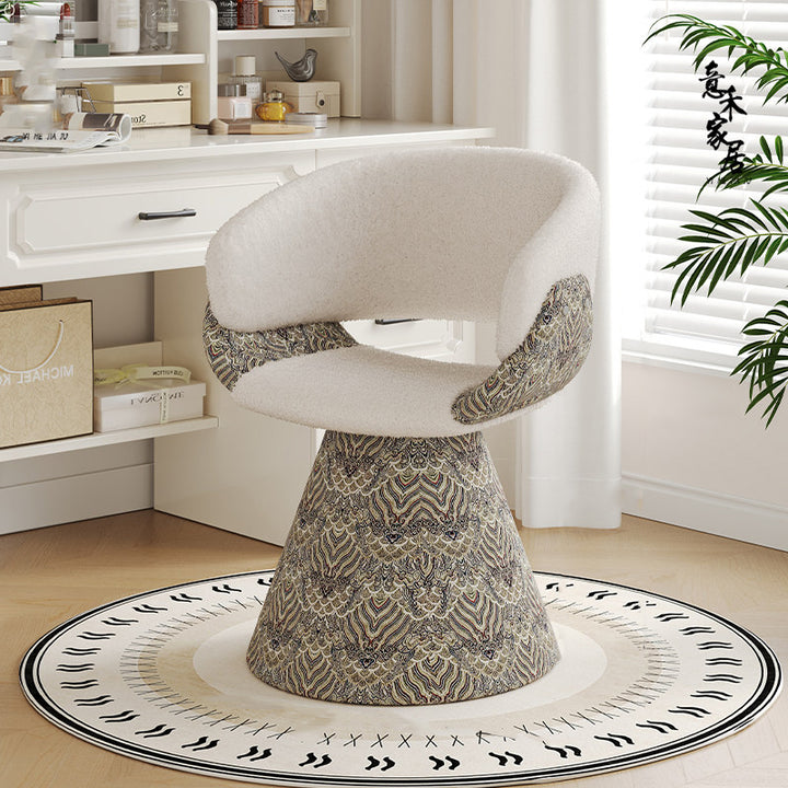 Tabouret de coiffeuse arc rotatif contemporain en bois de pin scandinave, fausse fourrure de lapin, fausse nappa et cuir PU, lin chenille, avec dossier et accoudoirs pour chambre à coucher 