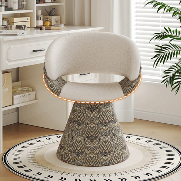 Tabouret de coiffeuse arc rotatif contemporain en bois de pin scandinave, fausse fourrure de lapin, fausse nappa et cuir PU, lin chenille, avec dossier et accoudoirs pour chambre à coucher 