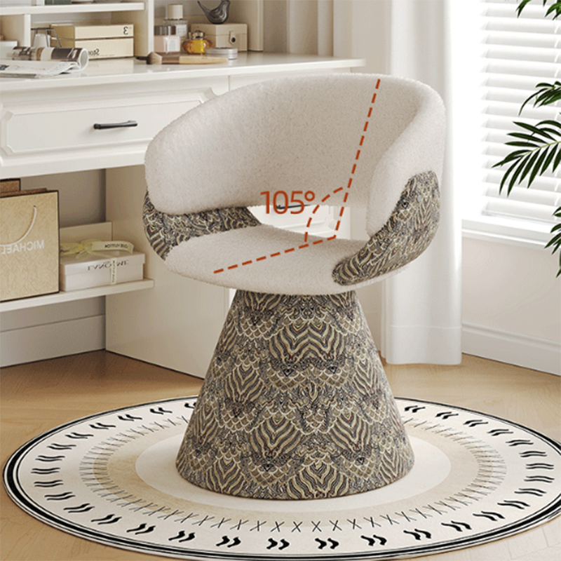 Tabouret de coiffeuse arc rotatif contemporain en bois de pin scandinave, fausse fourrure de lapin, fausse nappa et cuir PU, lin chenille, avec dossier et accoudoirs pour chambre à coucher 