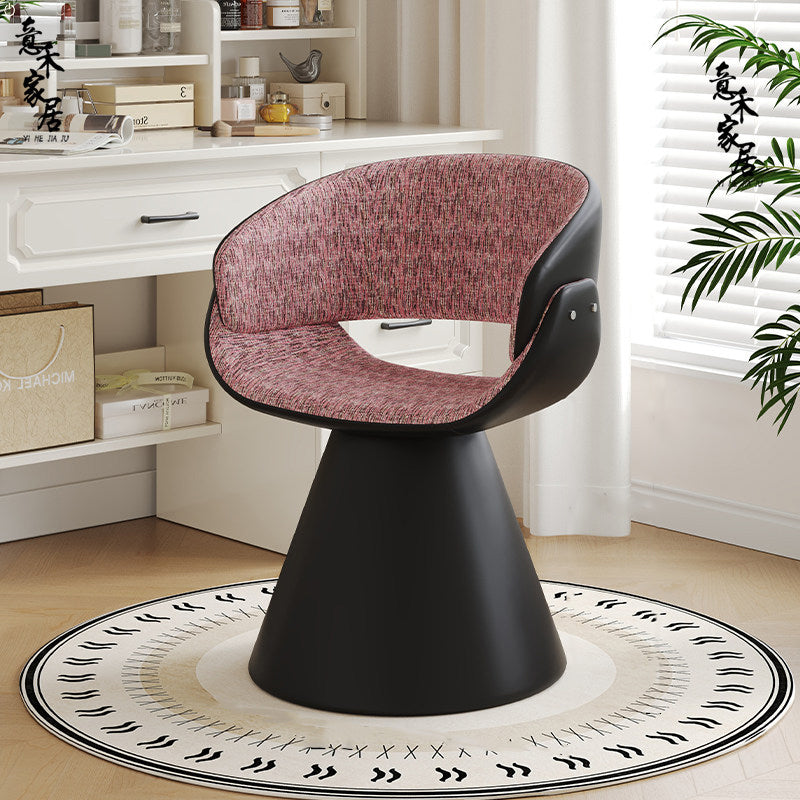 Tabouret de coiffeuse arc rotatif contemporain en bois de pin scandinave, fausse fourrure de lapin, fausse nappa et cuir PU, lin chenille, avec dossier et accoudoirs pour chambre à coucher 