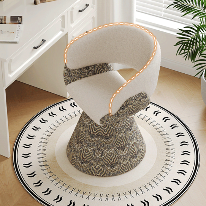 Tabouret de coiffeuse arc rotatif contemporain en bois de pin scandinave, fausse fourrure de lapin, fausse nappa et cuir PU, lin chenille, avec dossier et accoudoirs pour chambre à coucher 