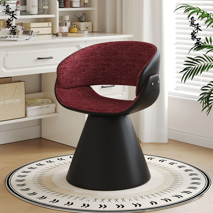 Tabouret de coiffeuse arc rotatif contemporain en bois de pin scandinave, fausse fourrure de lapin, fausse nappa et cuir PU, lin chenille, avec dossier et accoudoirs pour chambre à coucher 