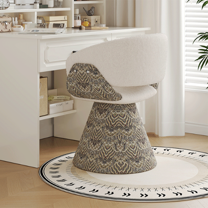 Tabouret de coiffeuse arc rotatif contemporain en bois de pin scandinave, fausse fourrure de lapin, fausse nappa et cuir PU, lin chenille, avec dossier et accoudoirs pour chambre à coucher 