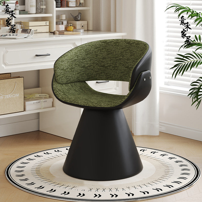 Tabouret de coiffeuse arc rotatif contemporain en bois de pin scandinave, fausse fourrure de lapin, fausse nappa et cuir PU, lin chenille, avec dossier et accoudoirs pour chambre à coucher 