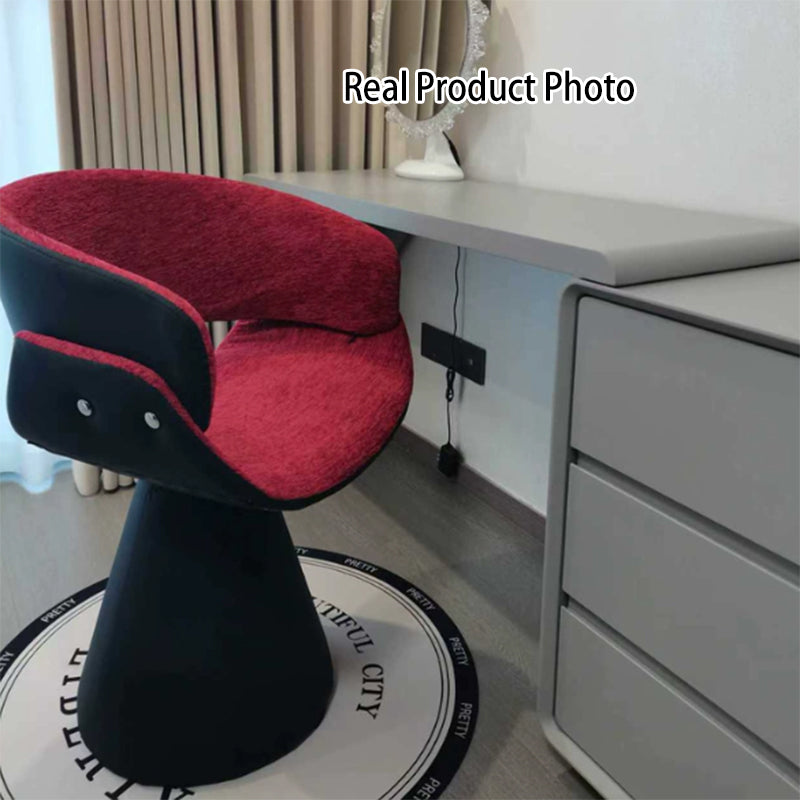 Tabouret de coiffeuse arc rotatif contemporain en bois de pin scandinave, fausse fourrure de lapin, fausse nappa et cuir PU, lin chenille, avec dossier et accoudoirs pour chambre à coucher 