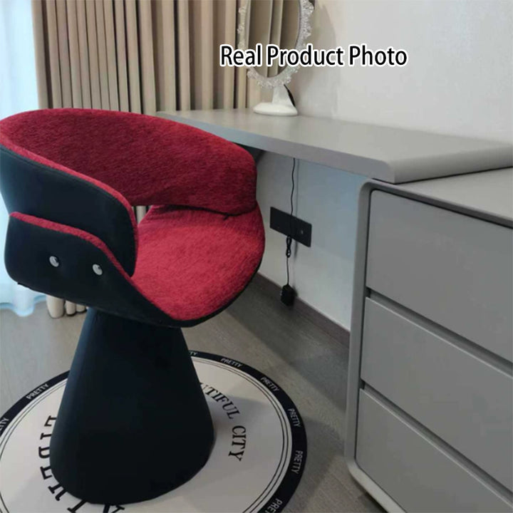 Tabouret de coiffeuse arc rotatif contemporain en bois de pin scandinave, fausse fourrure de lapin, fausse nappa et cuir PU, lin chenille, avec dossier et accoudoirs pour chambre à coucher 