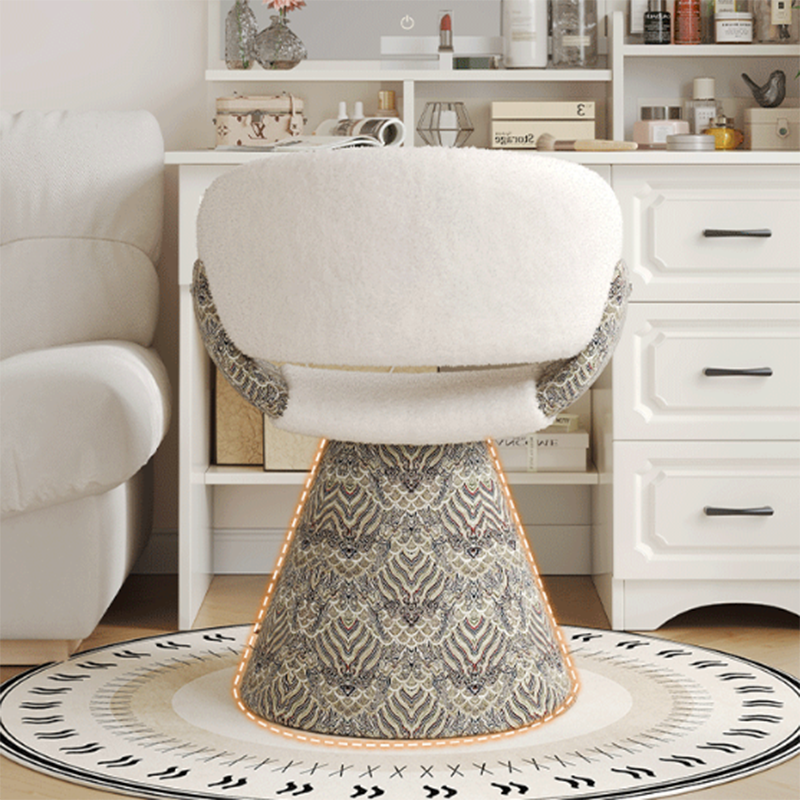 Tabouret de coiffeuse arc rotatif contemporain en bois de pin scandinave, fausse fourrure de lapin, fausse nappa et cuir PU, lin chenille, avec dossier et accoudoirs pour chambre à coucher 