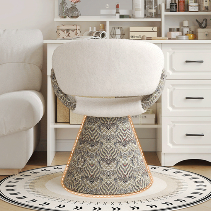 Tabouret de coiffeuse arc rotatif contemporain en bois de pin scandinave, fausse fourrure de lapin, fausse nappa et cuir PU, lin chenille, avec dossier et accoudoirs pour chambre à coucher 