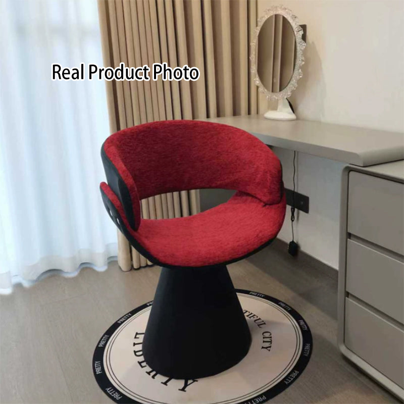 Tabouret de coiffeuse arc rotatif contemporain en bois de pin scandinave, fausse fourrure de lapin, fausse nappa et cuir PU, lin chenille, avec dossier et accoudoirs pour chambre à coucher 