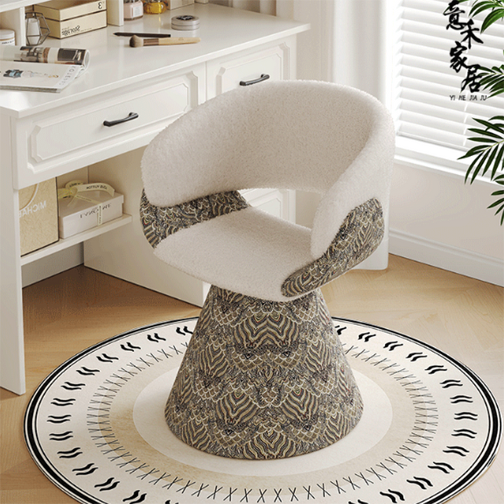 Tabouret de coiffeuse arc rotatif contemporain en bois de pin scandinave, fausse fourrure de lapin, fausse nappa et cuir PU, lin chenille, avec dossier et accoudoirs pour chambre à coucher 