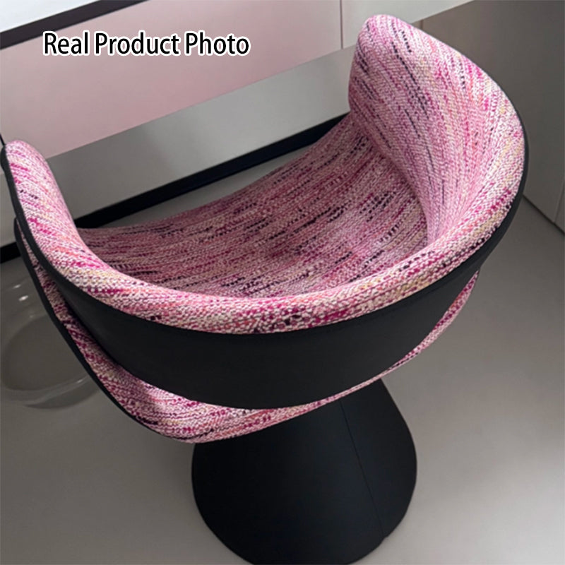 Tabouret de coiffeuse arc rotatif contemporain en bois de pin scandinave, fausse fourrure de lapin, fausse nappa et cuir PU, lin chenille, avec dossier et accoudoirs pour chambre à coucher 