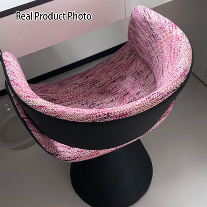 Tabouret de coiffeuse arc rotatif contemporain en bois de pin scandinave, fausse fourrure de lapin, fausse nappa et cuir PU, lin chenille, avec dossier et accoudoirs pour chambre à coucher 