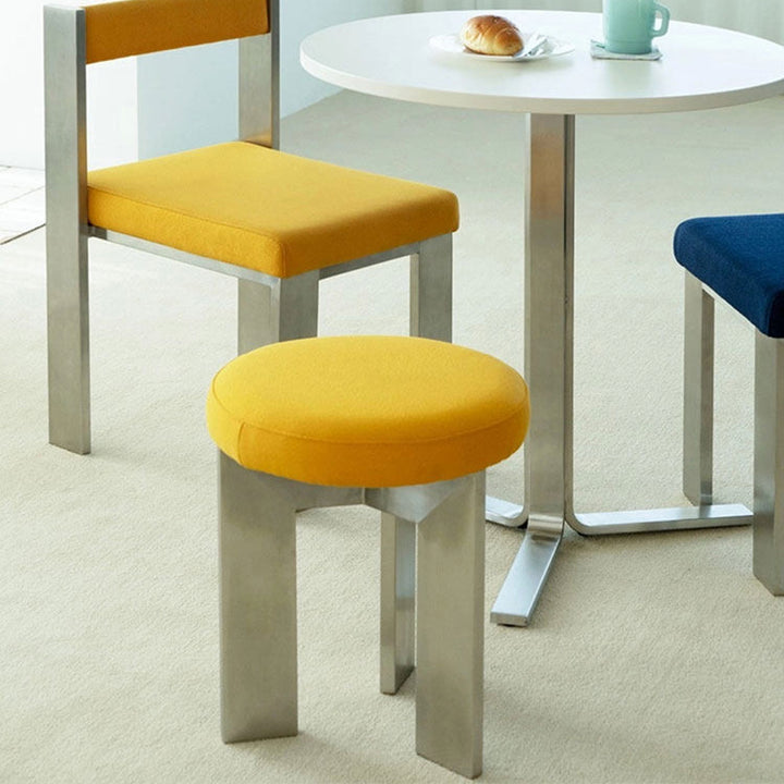 Chaise de salle à manger contemporaine industrielle en coton et lin, acier inoxydable, éponge, ronde, légère, sans dossier ni accoudoirs pour salle à manger 