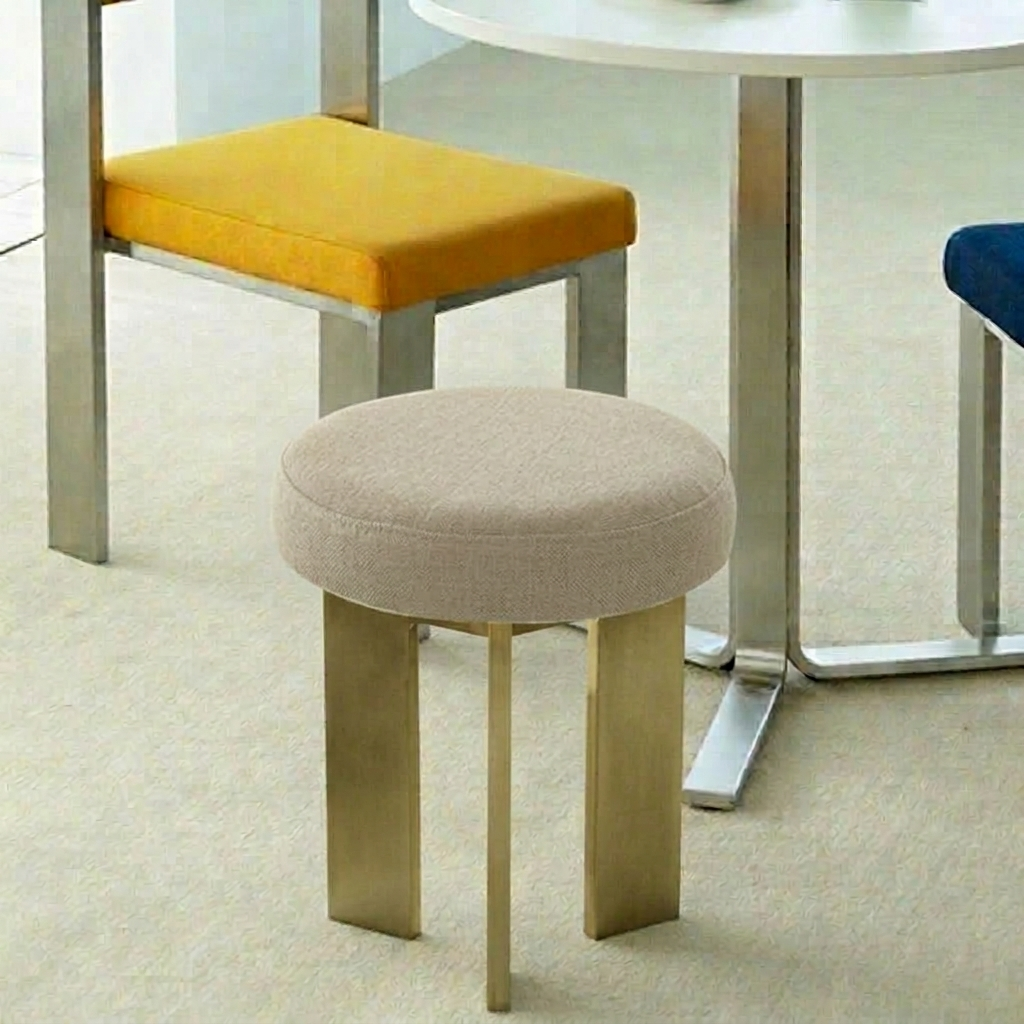 Chaise de salle à manger contemporaine industrielle en coton et lin, acier inoxydable, éponge, ronde, légère, sans dossier ni accoudoirs pour salle à manger 