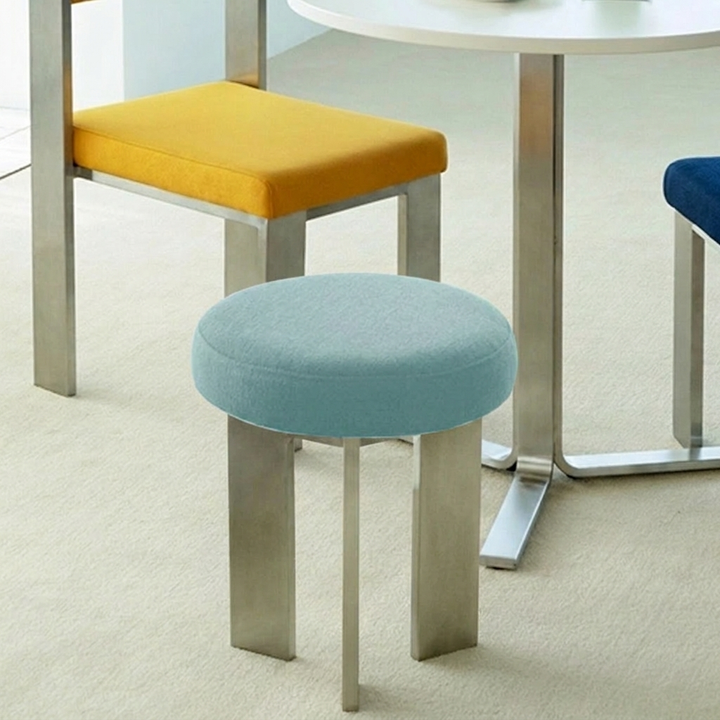 Chaise de salle à manger contemporaine industrielle en coton et lin, acier inoxydable, éponge, ronde, légère, sans dossier ni accoudoirs pour salle à manger 