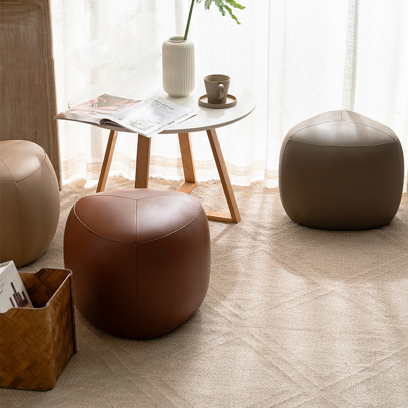 Taburete bajo sin respaldo ni reposabrazos de madera de pino escandinava contemporánea, cuero sintético, esponja, forma triangular redondeada, para sala de estar 