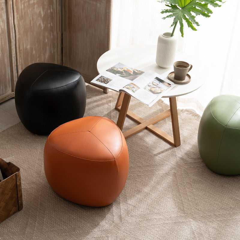 Taburete bajo sin respaldo ni reposabrazos de madera de pino escandinava contemporánea, cuero sintético, esponja, forma triangular redondeada, para sala de estar 