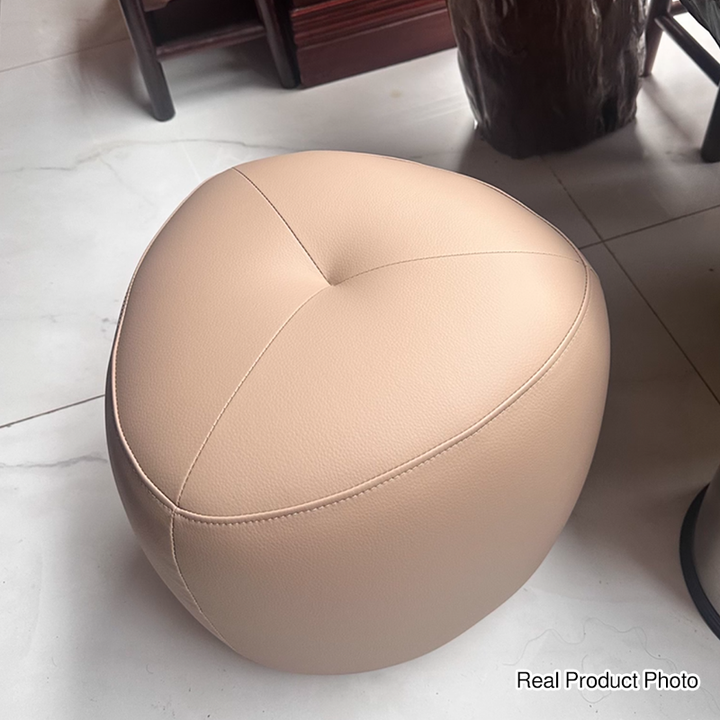 Taburete bajo sin respaldo ni reposabrazos de madera de pino escandinava contemporánea, cuero sintético, esponja, forma triangular redondeada, para sala de estar 