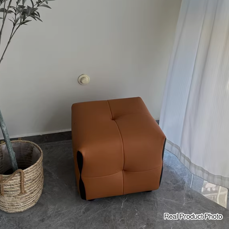 Taburete bajo cuadrado sin respaldo ni brazos de madera maciza escandinava contemporánea con piel sintética esponjosa para sala de estar y recibidor 