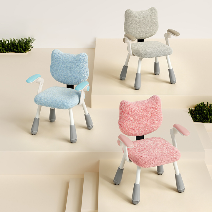 Moderner nordischer Kinderschreibtischstuhl aus Sherpa-Stoff, Eisen und Nylon im Cartoon-Katzen-Design, höhenverstellbar, mit Rückenlehne und Armlehnen, für das Lernen 