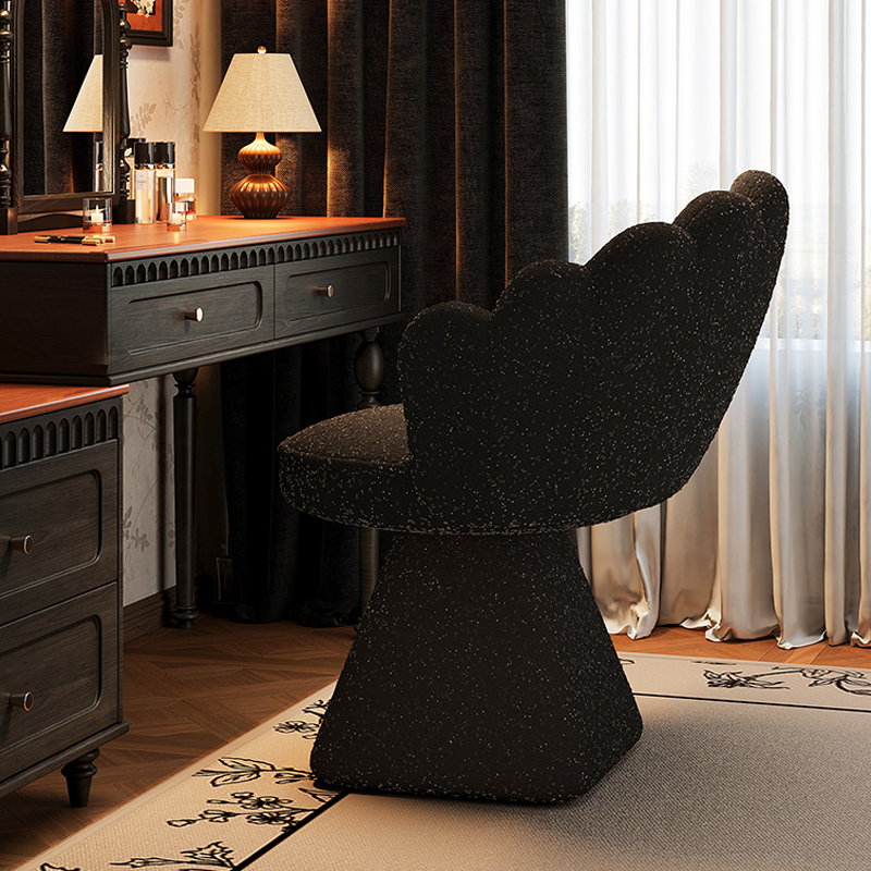 Taburete giratorio de tocador con forma de pétalo, de terciopelo y madera maciza de estilo francés tradicional, con respaldo y sin brazos, para dormitorio 