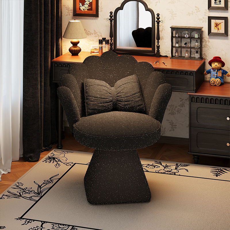 Taburete giratorio de tocador con forma de pétalo, de terciopelo y madera maciza de estilo francés tradicional, con respaldo y sin brazos, para dormitorio 