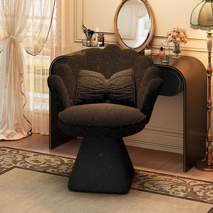 Taburete giratorio de tocador con forma de pétalo, de terciopelo y madera maciza de estilo francés tradicional, con respaldo y sin brazos, para dormitorio 