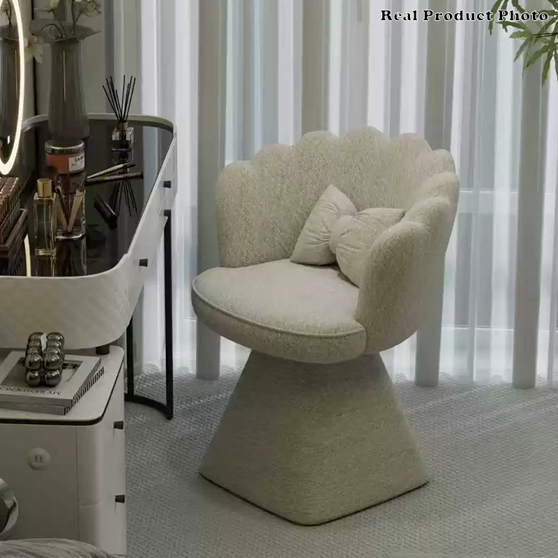 Taburete giratorio de tocador con forma de pétalo, de terciopelo y madera maciza de estilo francés tradicional, con respaldo y sin brazos, para dormitorio 