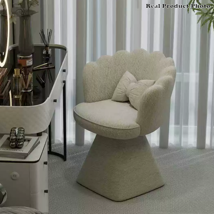 Taburete giratorio de tocador con forma de pétalo, de terciopelo y madera maciza de estilo francés tradicional, con respaldo y sin brazos, para dormitorio 