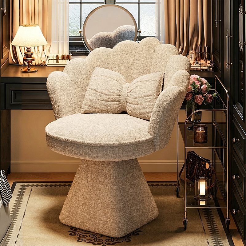 Taburete giratorio de tocador con forma de pétalo, de terciopelo y madera maciza de estilo francés tradicional, con respaldo y sin brazos, para dormitorio 
