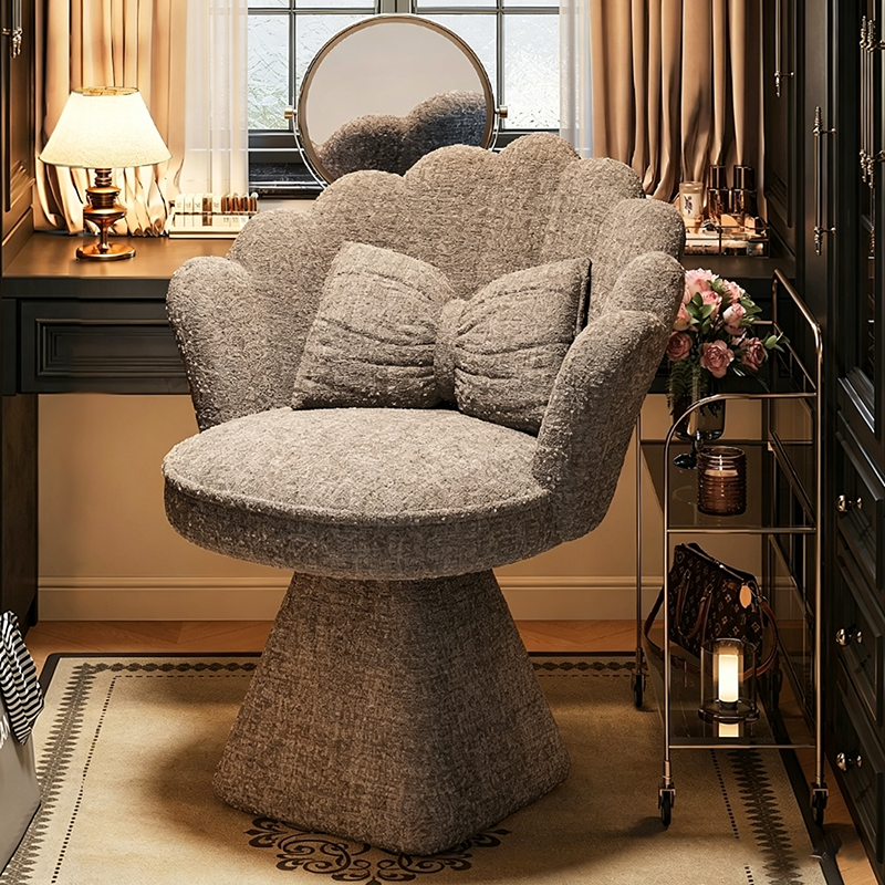 Taburete giratorio de tocador con forma de pétalo, de terciopelo y madera maciza de estilo francés tradicional, con respaldo y sin brazos, para dormitorio 